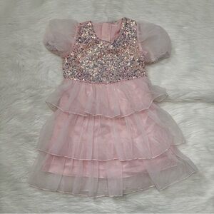 NWOT Kids Girls Size 5T-6T Formal Pink Sequins Tiered Tulle Skirt Dress